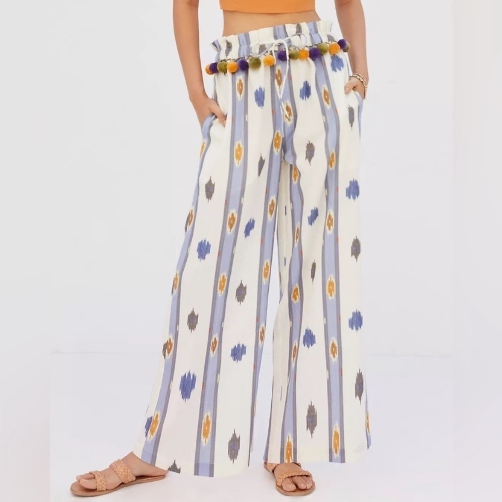 Anthropologie Ollari Ikat Wide Leg Linen Blend Pants Waist Pom Pom XS